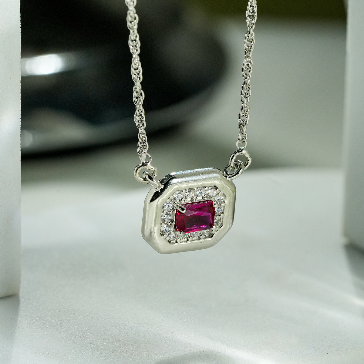 92.5 Silver One-of-One Simulant Ruby Octagonal Pendant