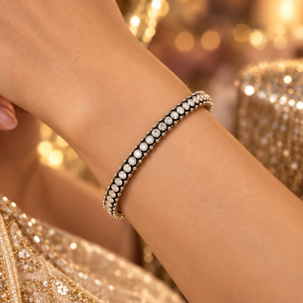 Double-Row 925 Sterling Silver with White Stone Bangle For Women | Hallmarked