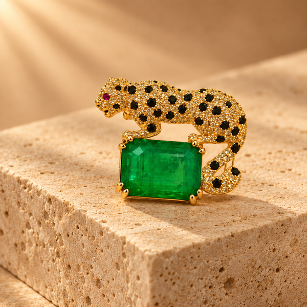Leopard 925 Sterling Silver Moissanite & Quartz  Brooch | Green Stone Statement Jewellery