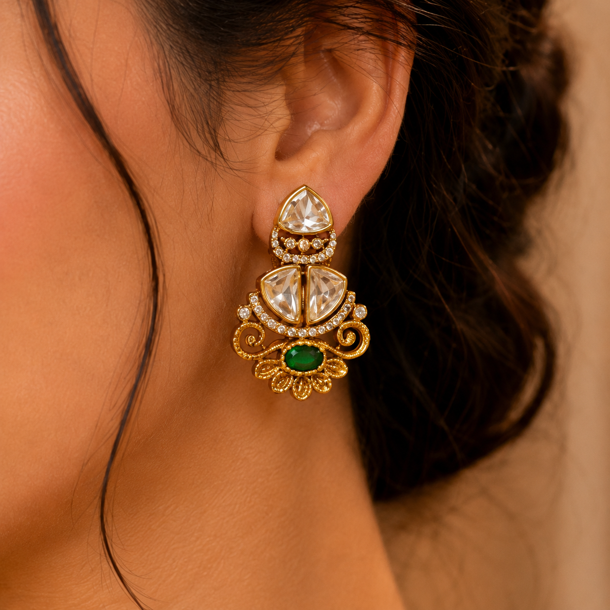 925 Sterling Silver Polki & Moissanite Traditional Statement Earrings