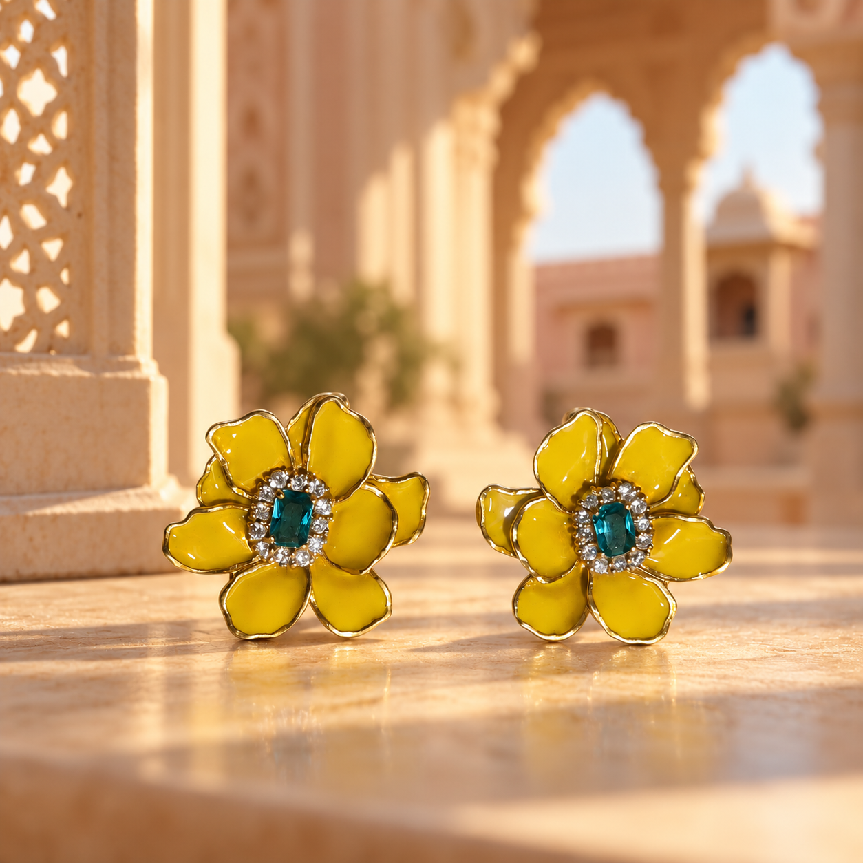 Yellow Enamel Flower with Blue Center Stud Earrings
