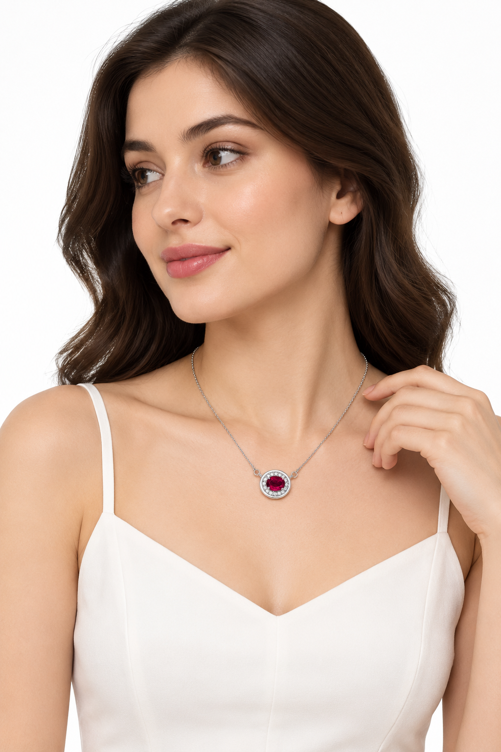 18 Inch 925 Sterling Silver Red Quartz & Moissanite Chain Pendant