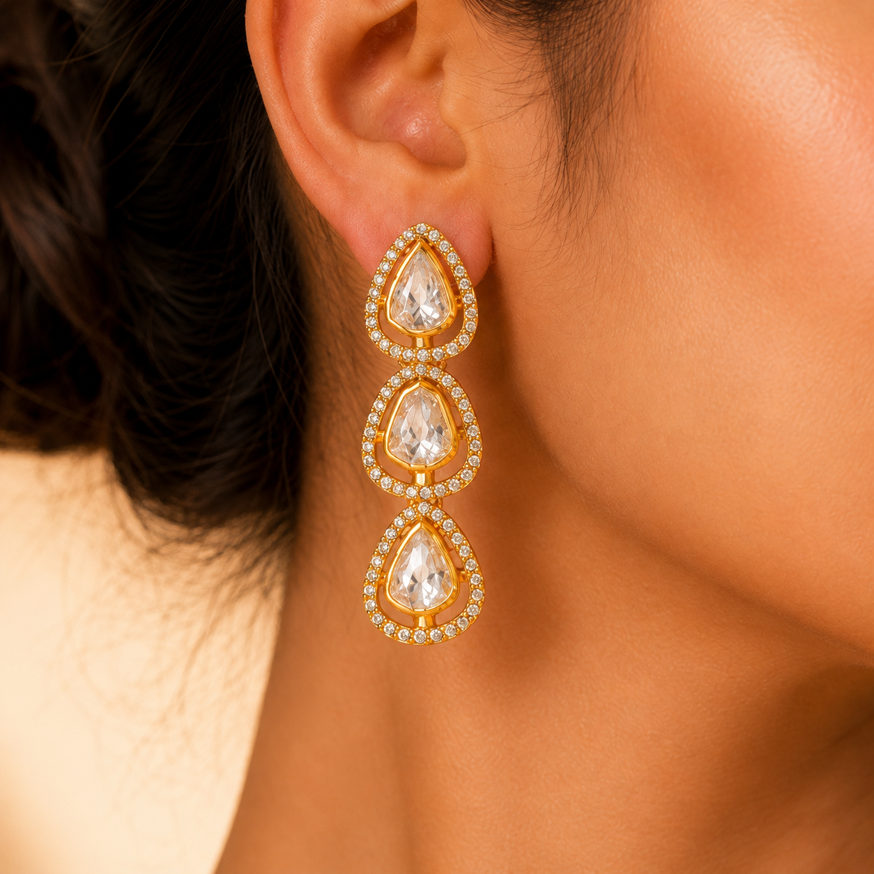 925 Sterling Silver Polki & Moissanite Long Drop Designer Earrings