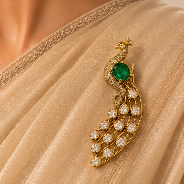 925 Sterling Silver Green Stone & Polki Peacock Statement Brooch
