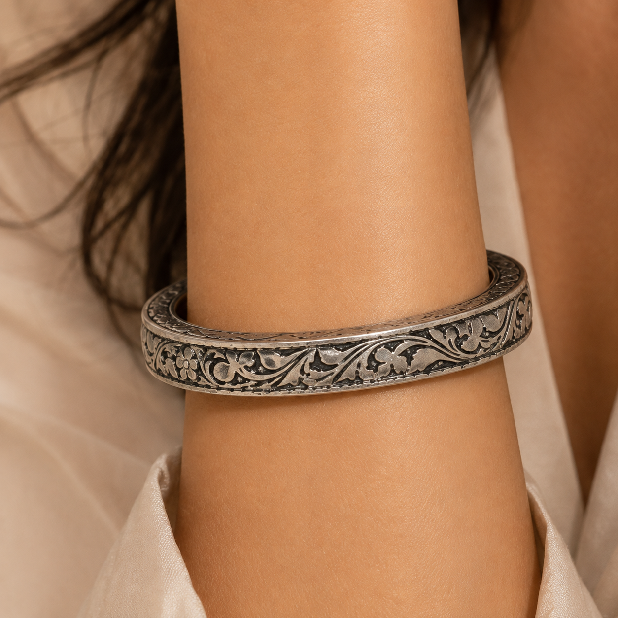 Floral Antique Oxidised 925 Silver Bangle Hallmarked Jewellery