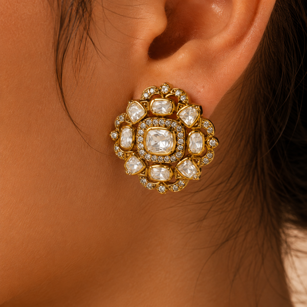 925 Sterling Silver Moissanite & Polki Floral Designer Earrings