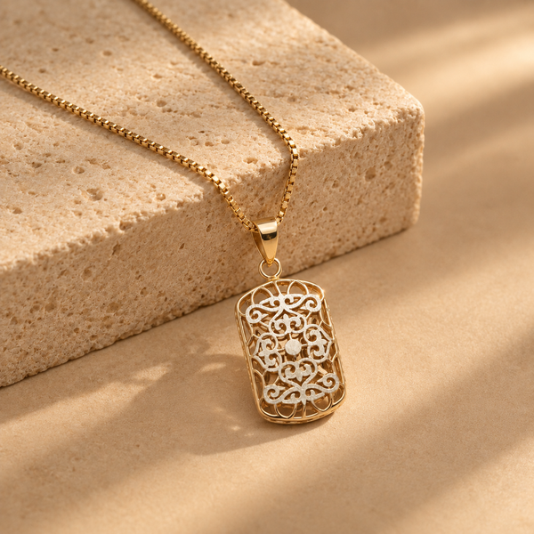 925 Sterling Silver Filigree Ornate Rectangular Scrollwork Pendant