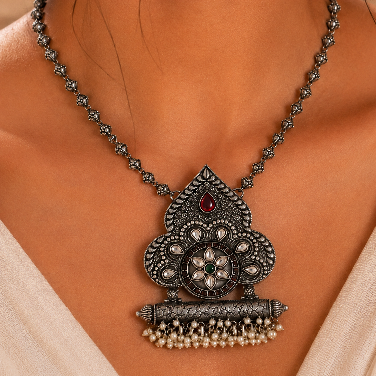 Floral 25 Sterling Silver Oxidized Paisley Pendant Necklace | Multicolour Stone & Pearl Fringe Indian Jewellery