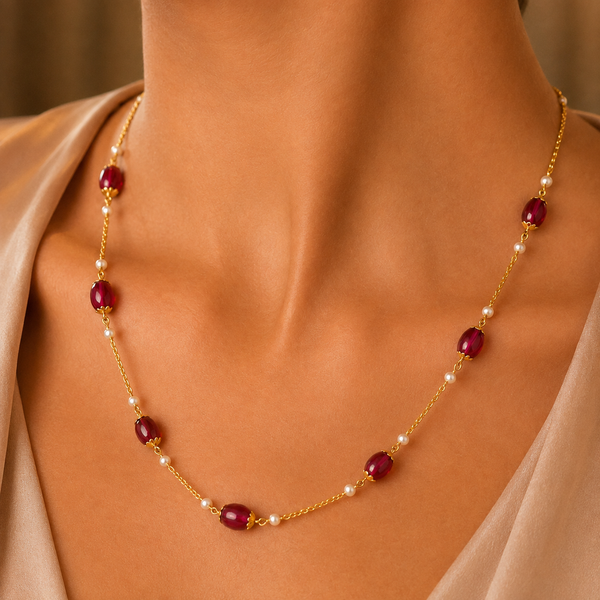 925 Sterling Silver Ruby & Pearl Long Statement Chain