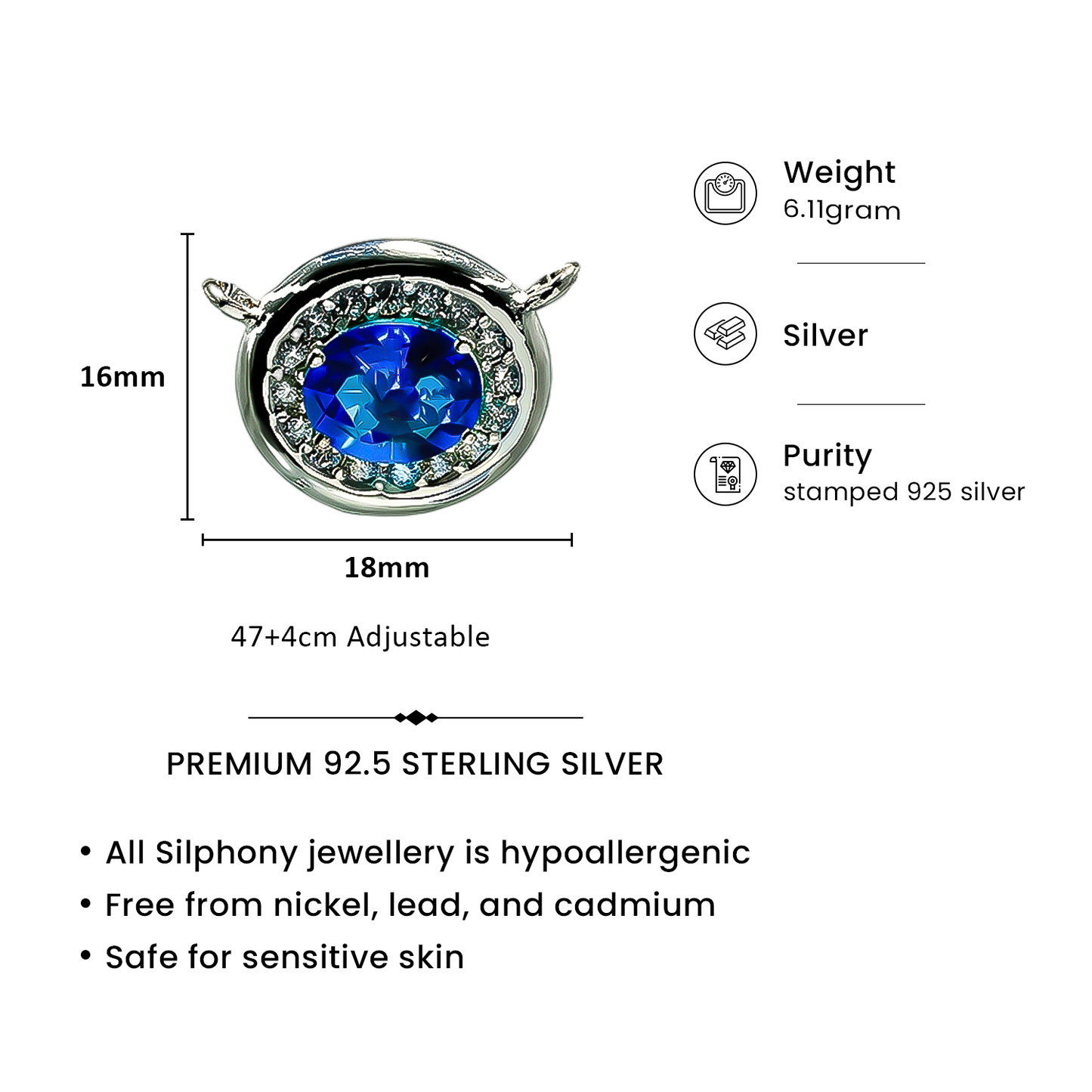 One-of-One 92.5 Silver Simulant Sapphire Pendant Necklace