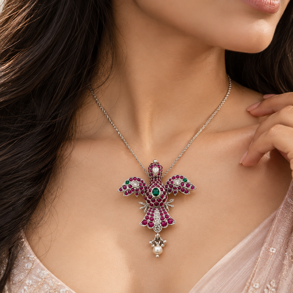 925 Sterling Silver Bird Motif Pendant with Red & Green Moissanite and Pearl Drop | Statement Ethnic Jewelry