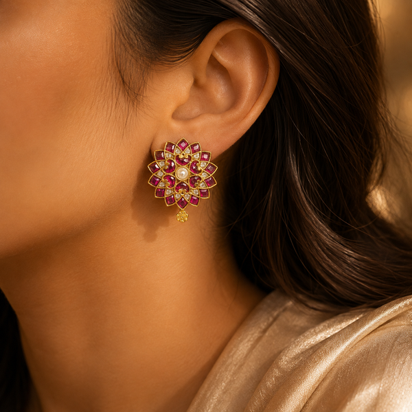 925 Sterling Silver Ruby & Cubic Zirconia Floral Earrings for Women
