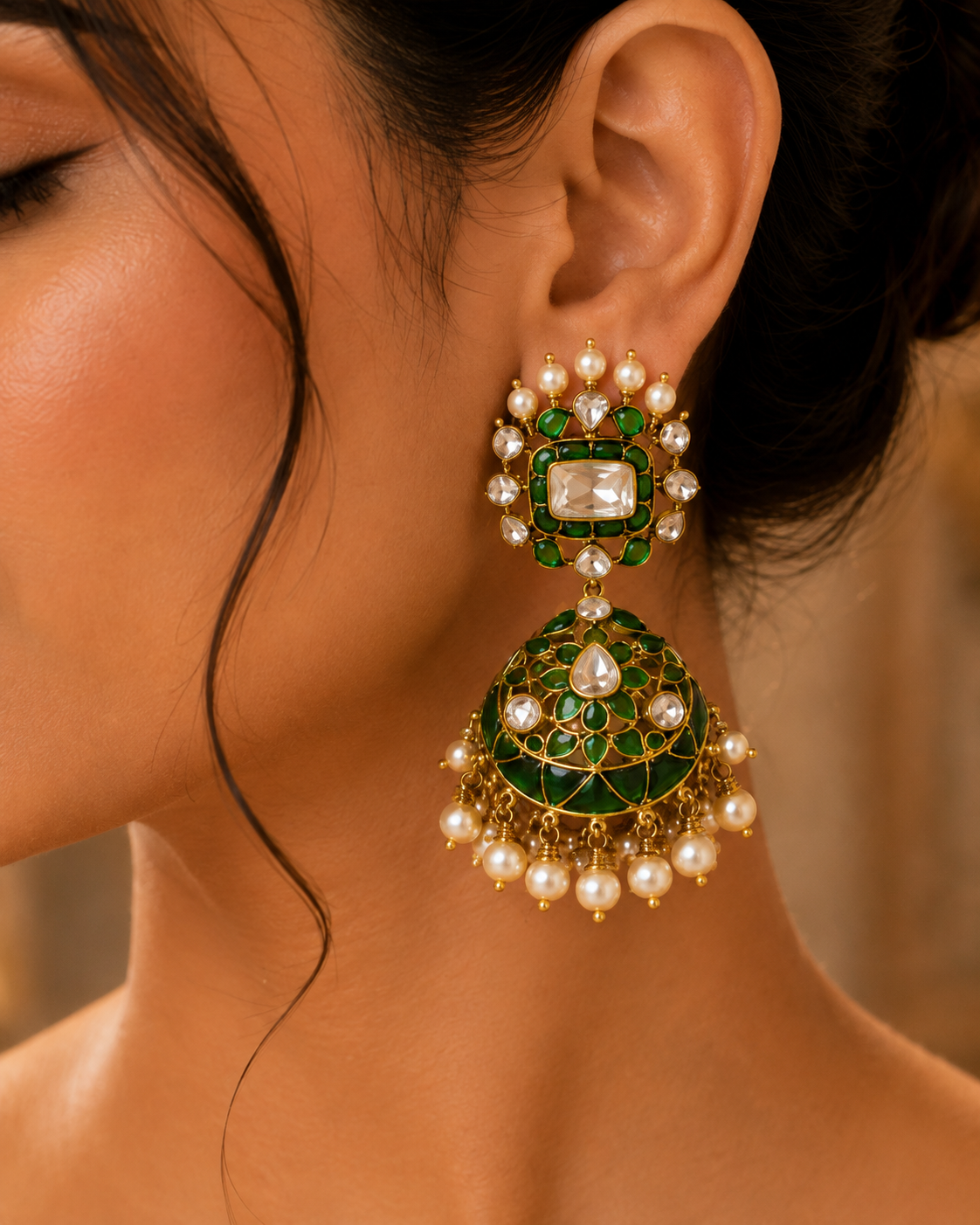 925 Sterling Silver Green Enamel, Polki & Moissanite Statement Jhumka Earrings