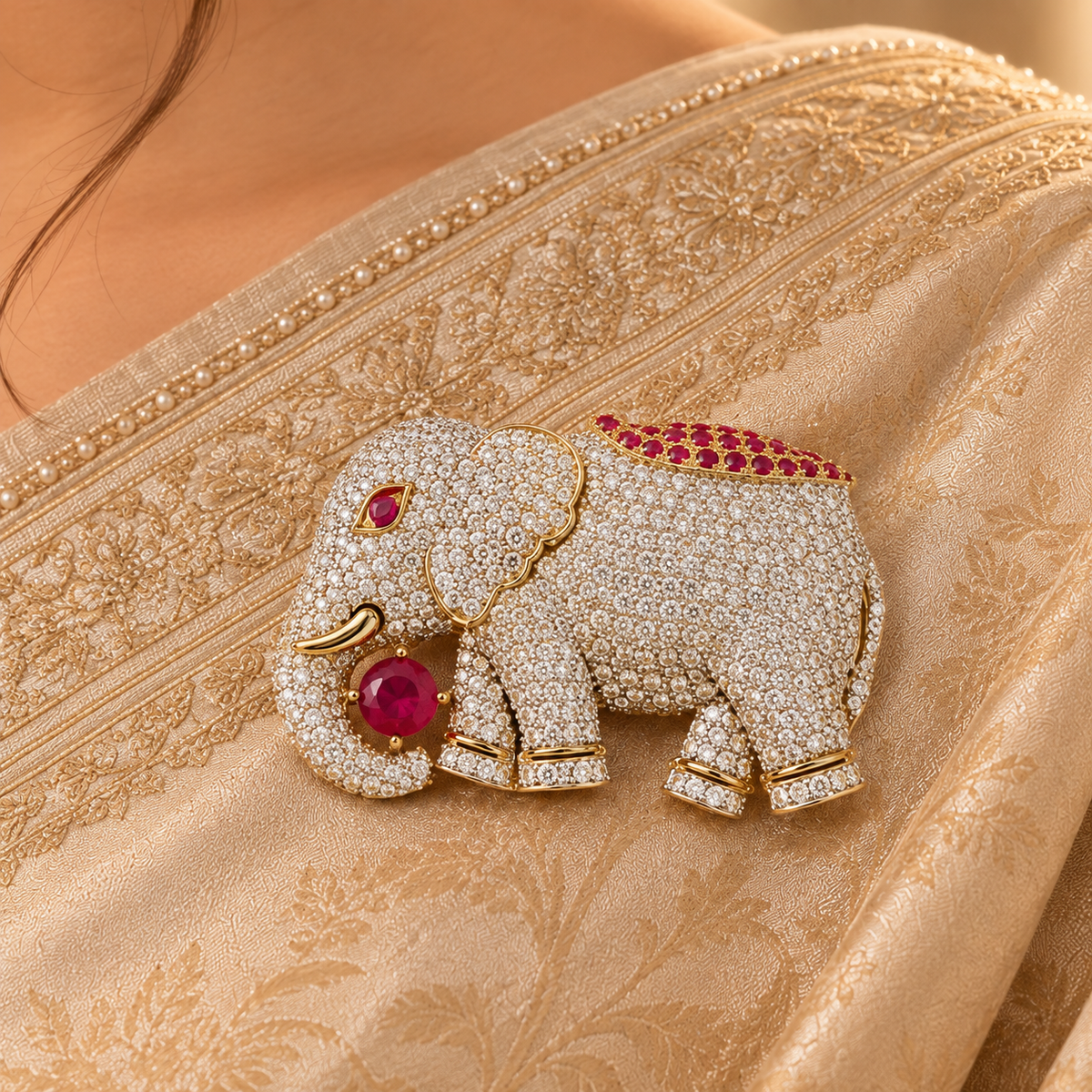 925 Sterling Silver Moissanite & Quartz Elephant Brooch | Regal Red Stone Statement | Hallmarked