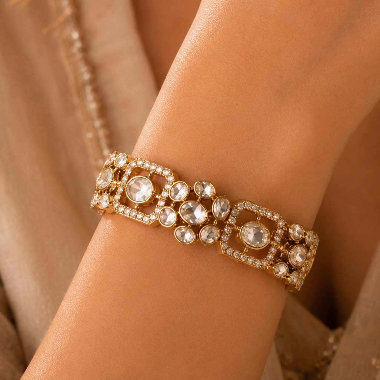 925 Sterling Silver Polki Moissanite Statement Bracelet