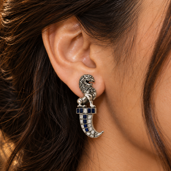 925 Sterling Silver Lion Hoop Earrings with Blue & White Moissanite and Polki | Statement Ethnic Jewelry