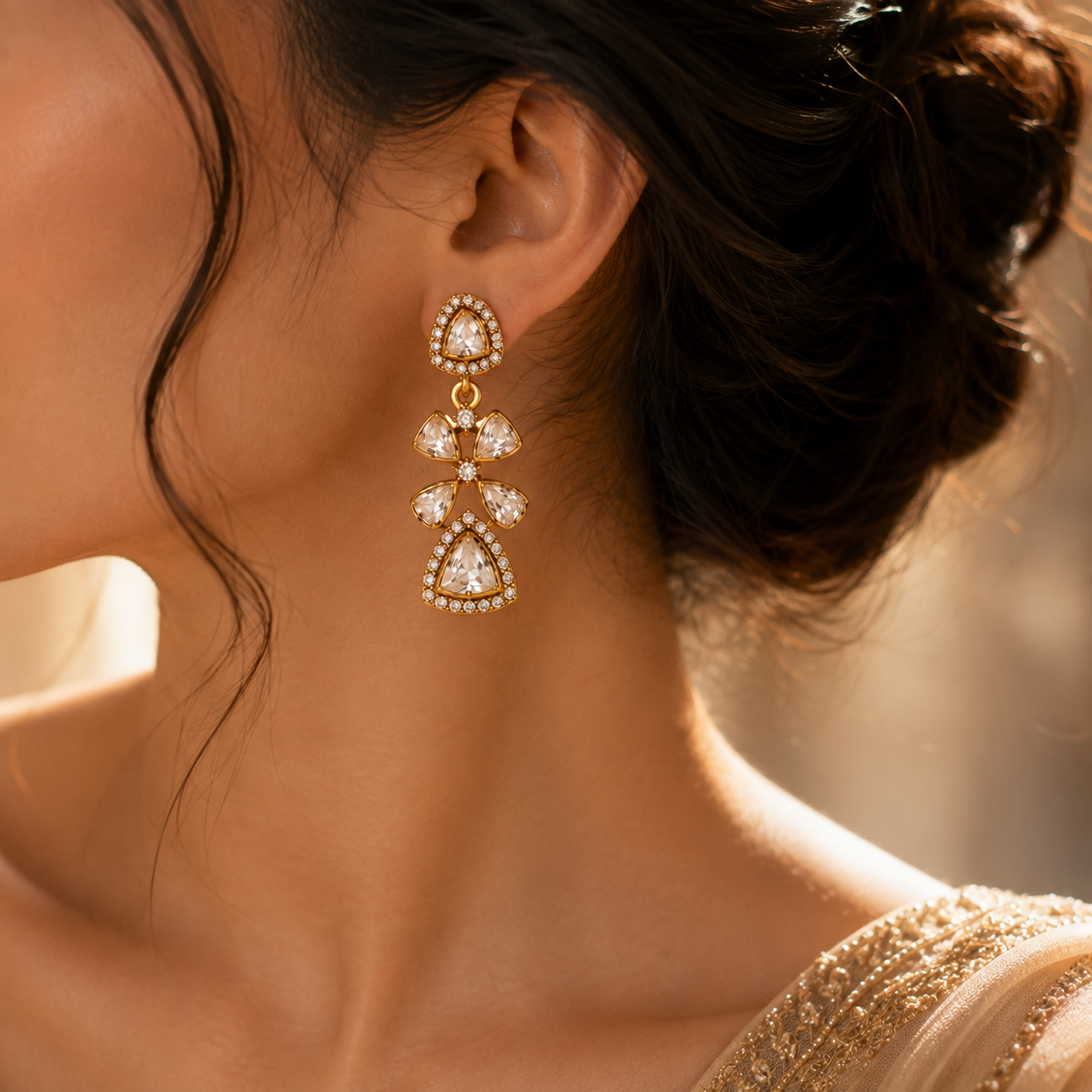 925 Sterling Silver Polki & Moissanite Drop Floral Statement Earrings