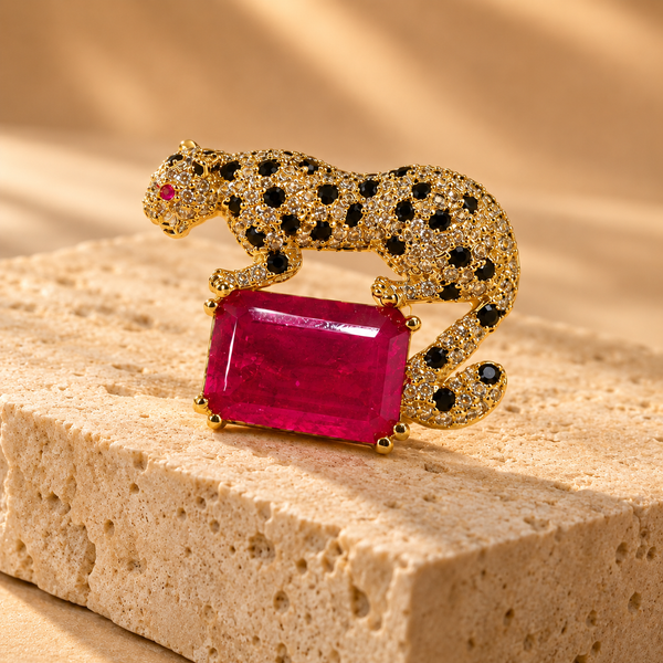 925 Sterling Silver Quartz Leopard Brooch | Red Gemstone Statement with Black Stone | Hallmerked