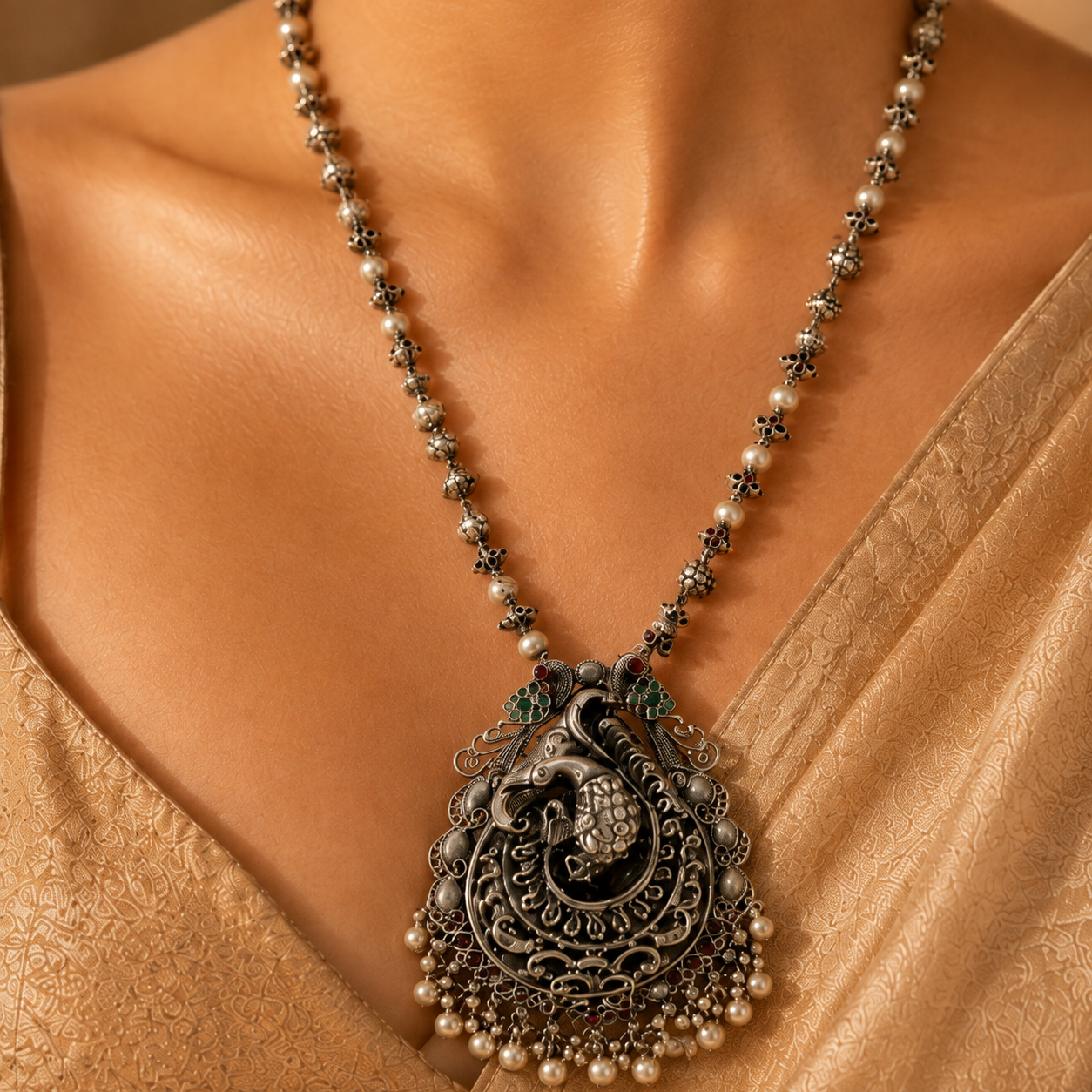 Peacock-Inspired 925 Sterling Silver Moissanite & Quartz Statement Pendant Necklace | Hallmerked