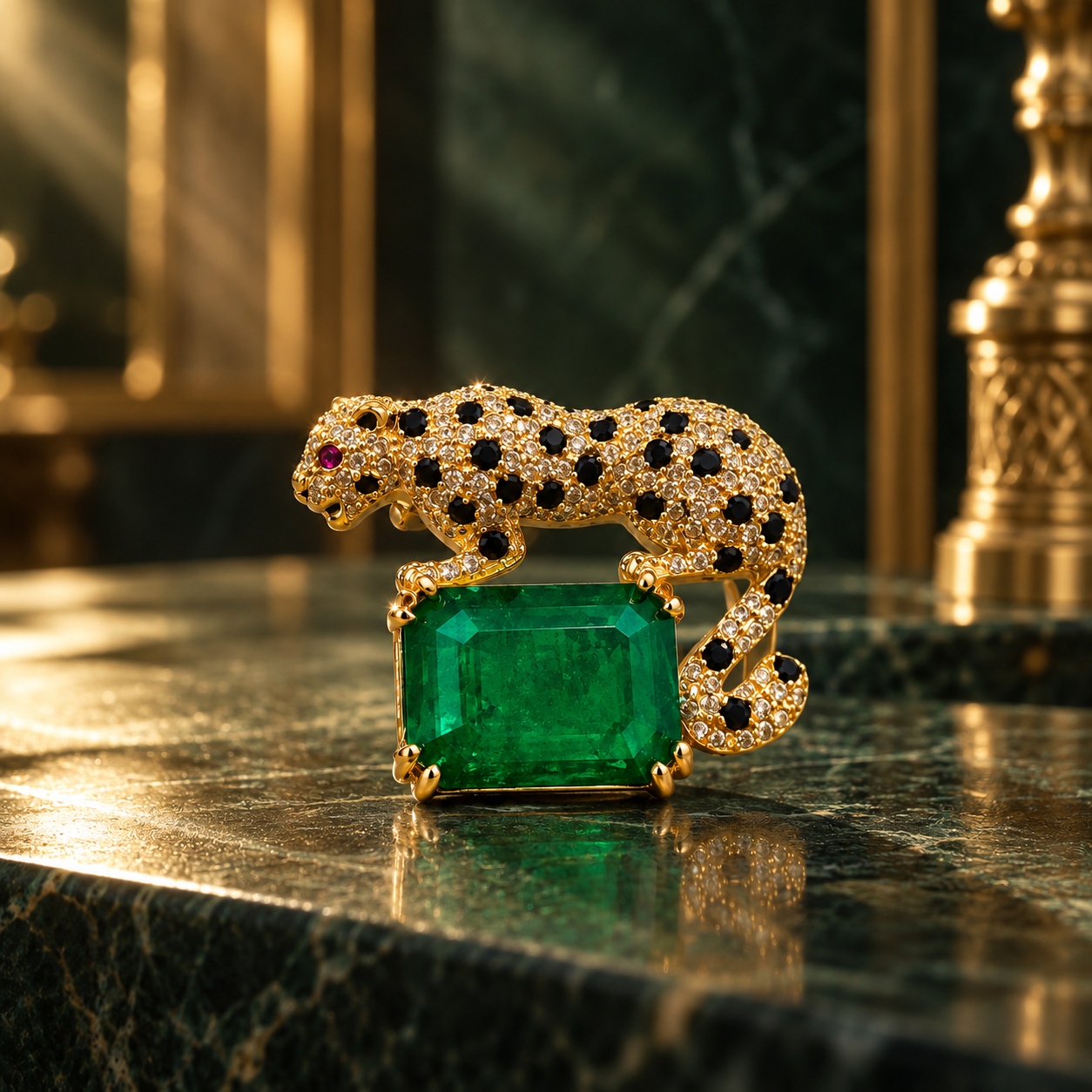 Leopard 925 Sterling Silver Moissanite & Quartz  Brooch | Green Stone Statement Jewellery