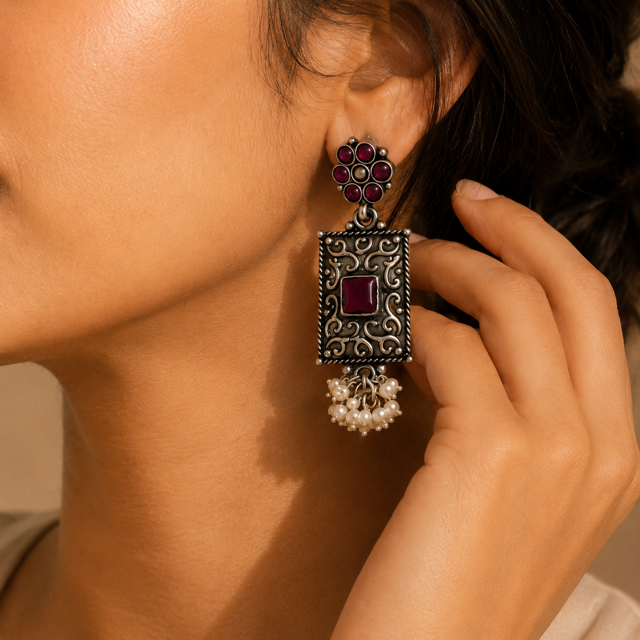 Ethnic Silver Oxidized Drop Statement Earrings with Pearl Dangles Hallmarked Jewellery
