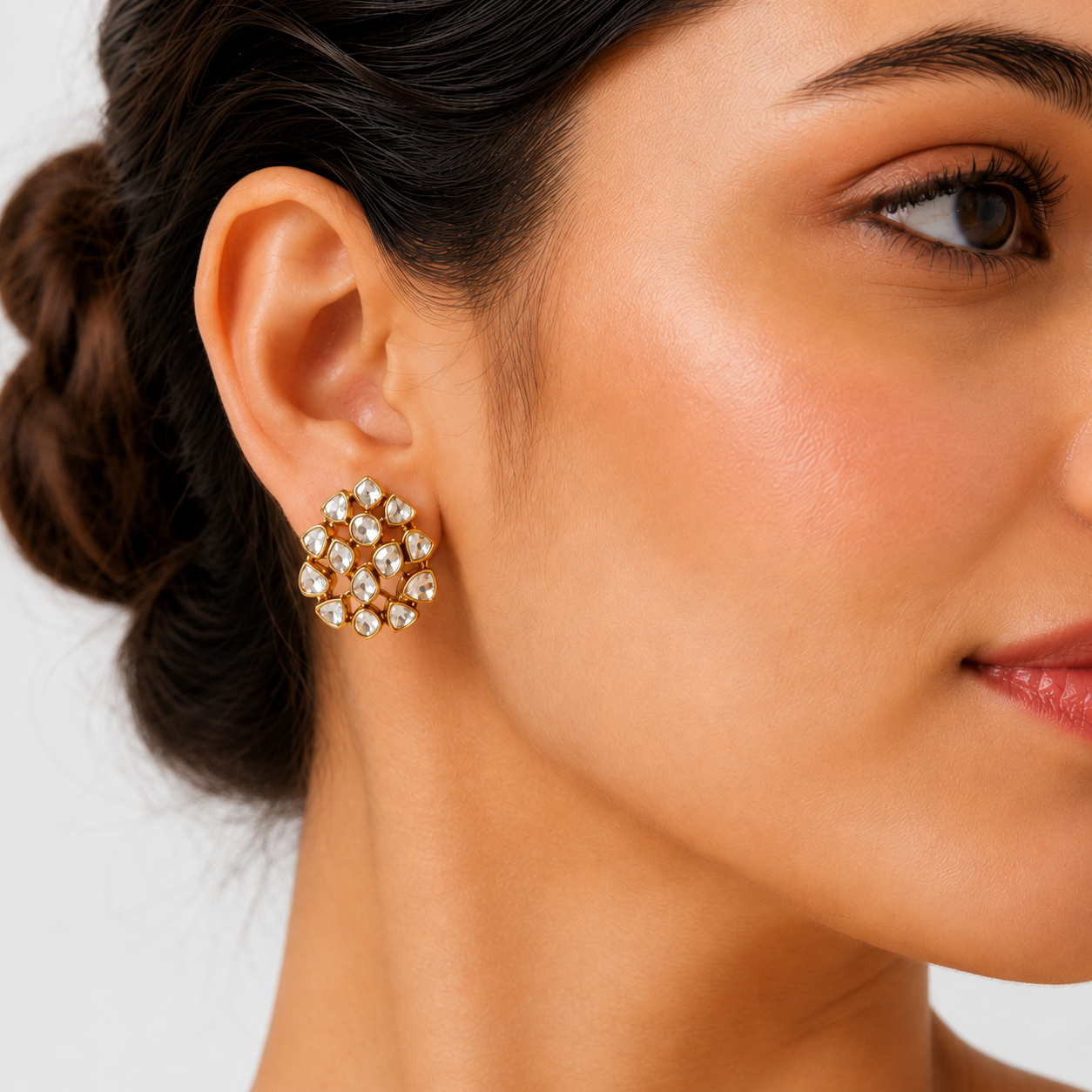 925 Sterling Silver Polki & Moissanite Stud Floral Statement Earrings