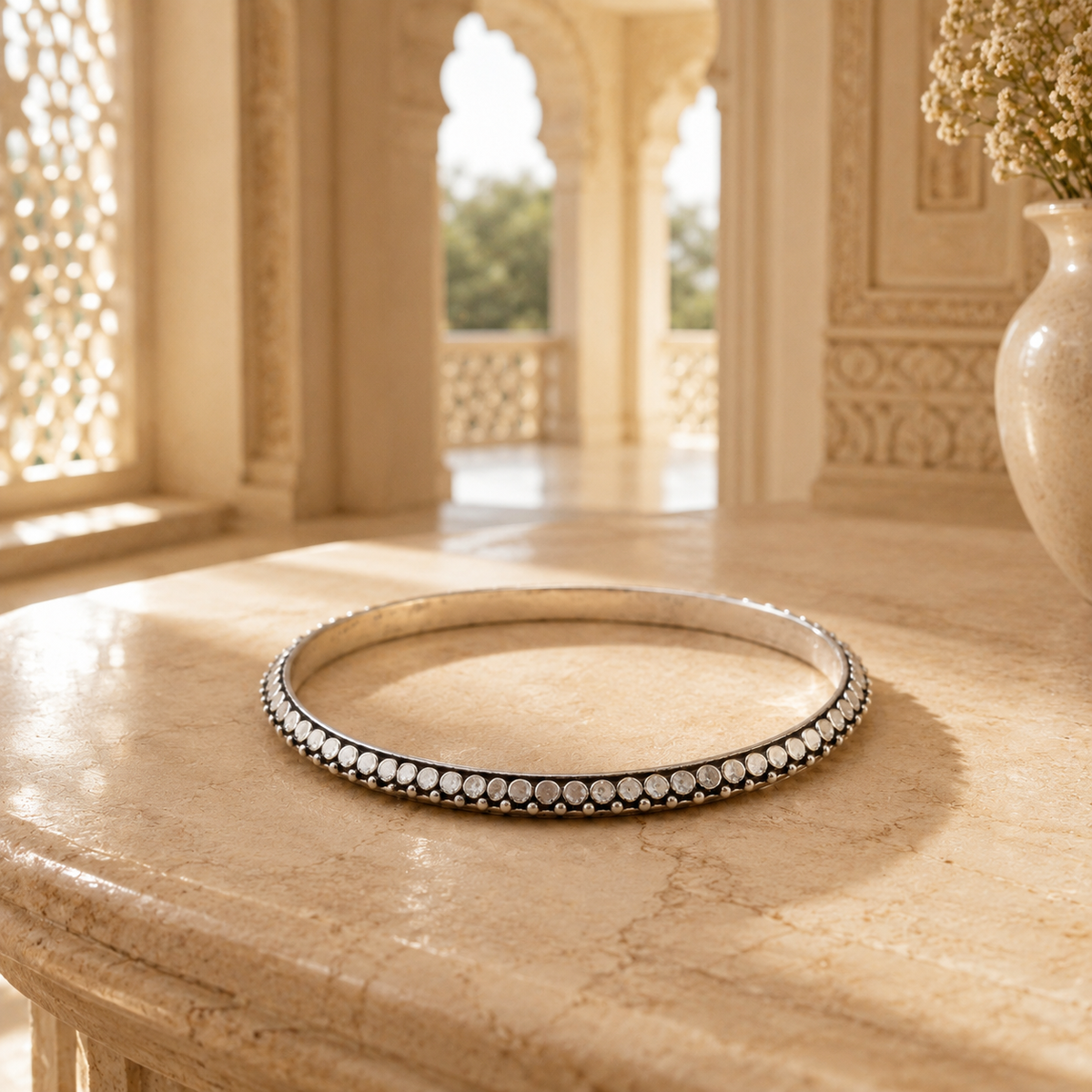 Double-Row 925 Sterling Silver with White Stone Bangle For Women | Hallmarked