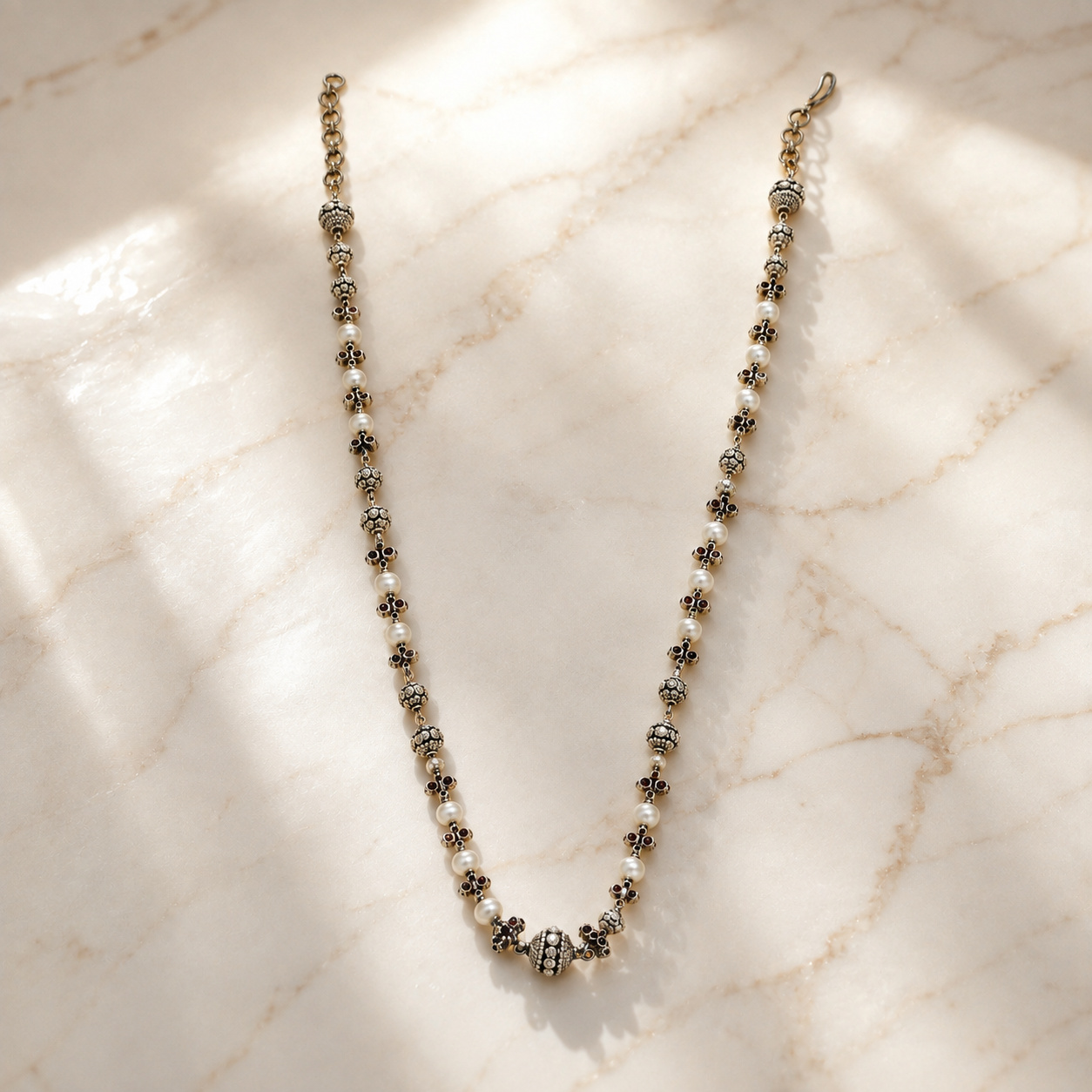 Pearl & Quartz Beaded Floral Link Chain | 925 Hallmarked Silver