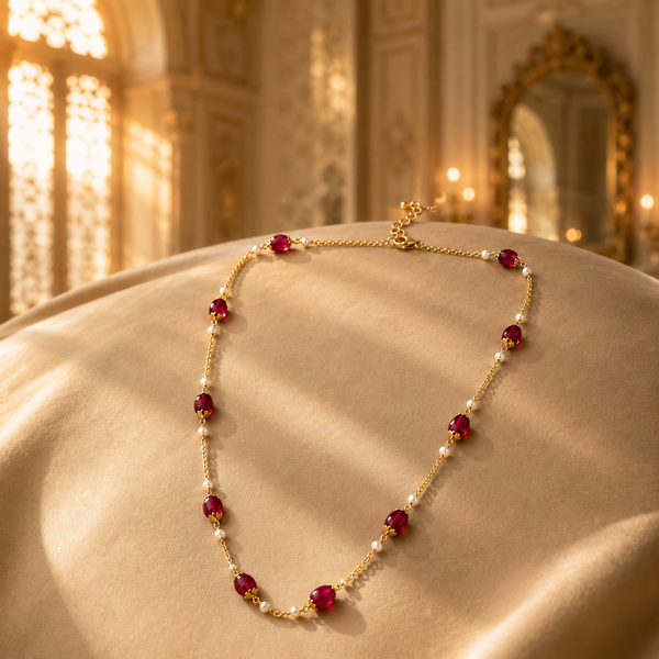 925 Sterling Silver Ruby & Pearl Long Statement Chain