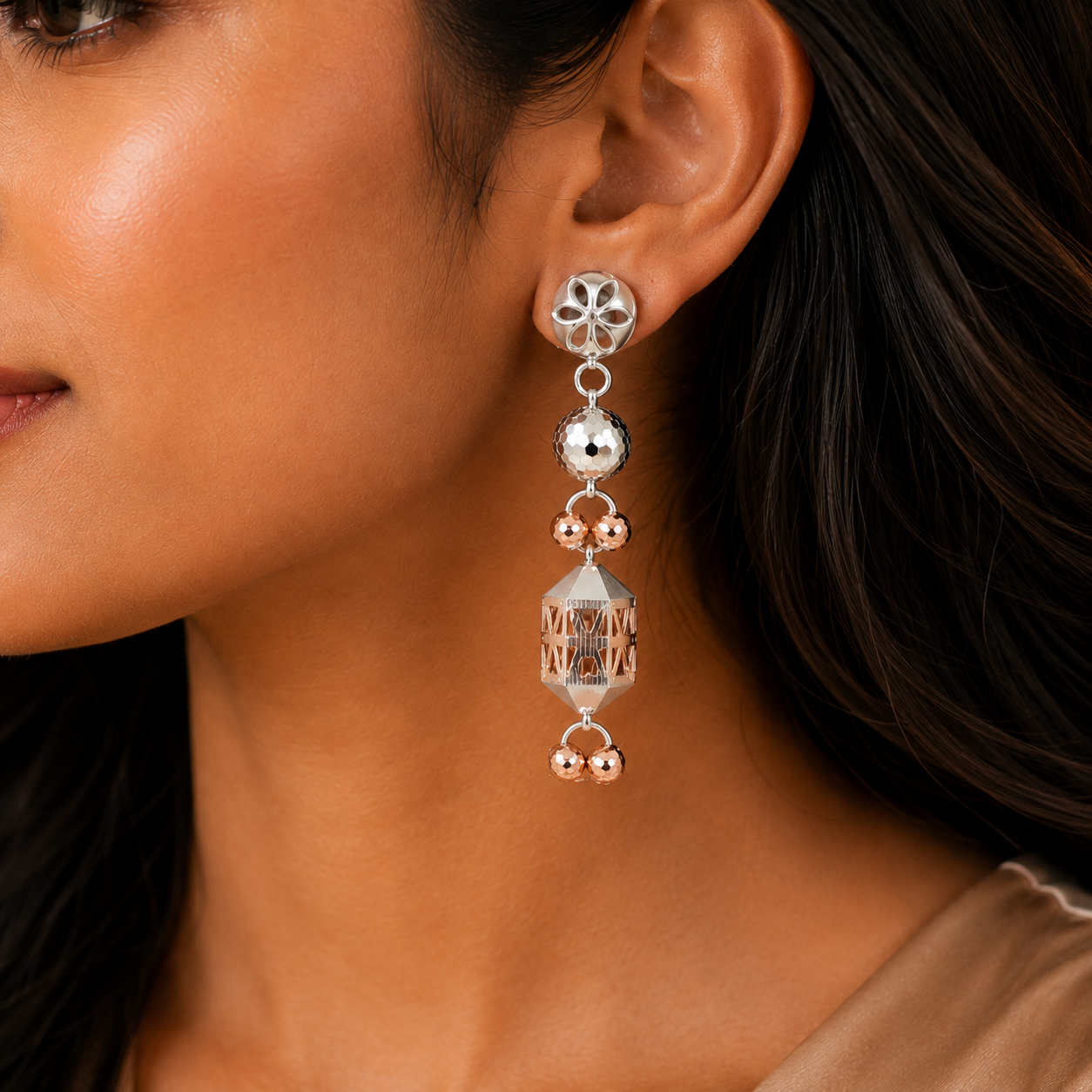 Rose Gold 925 Floral Stud & Ball Bead Dangle Statement Earrings