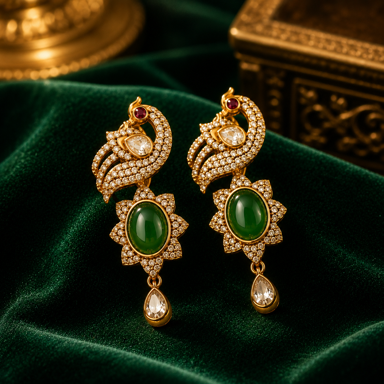 925 Sterling Silver Polki & Moissanite Peacock Dangle Earrings