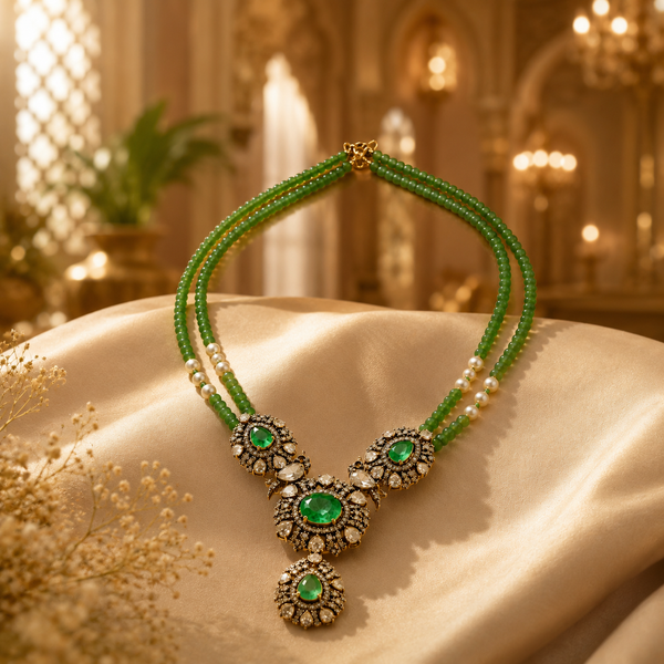 925 Sterling Silver Green Beaded Polki & Moissanite Designer Statement Necklace