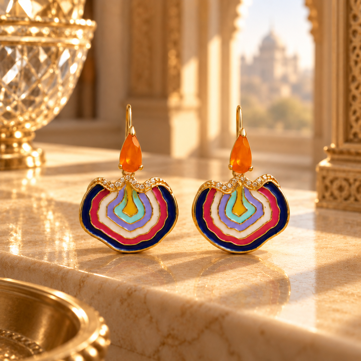 Multicolor Enamel Drop Earrings with Orange Quartz