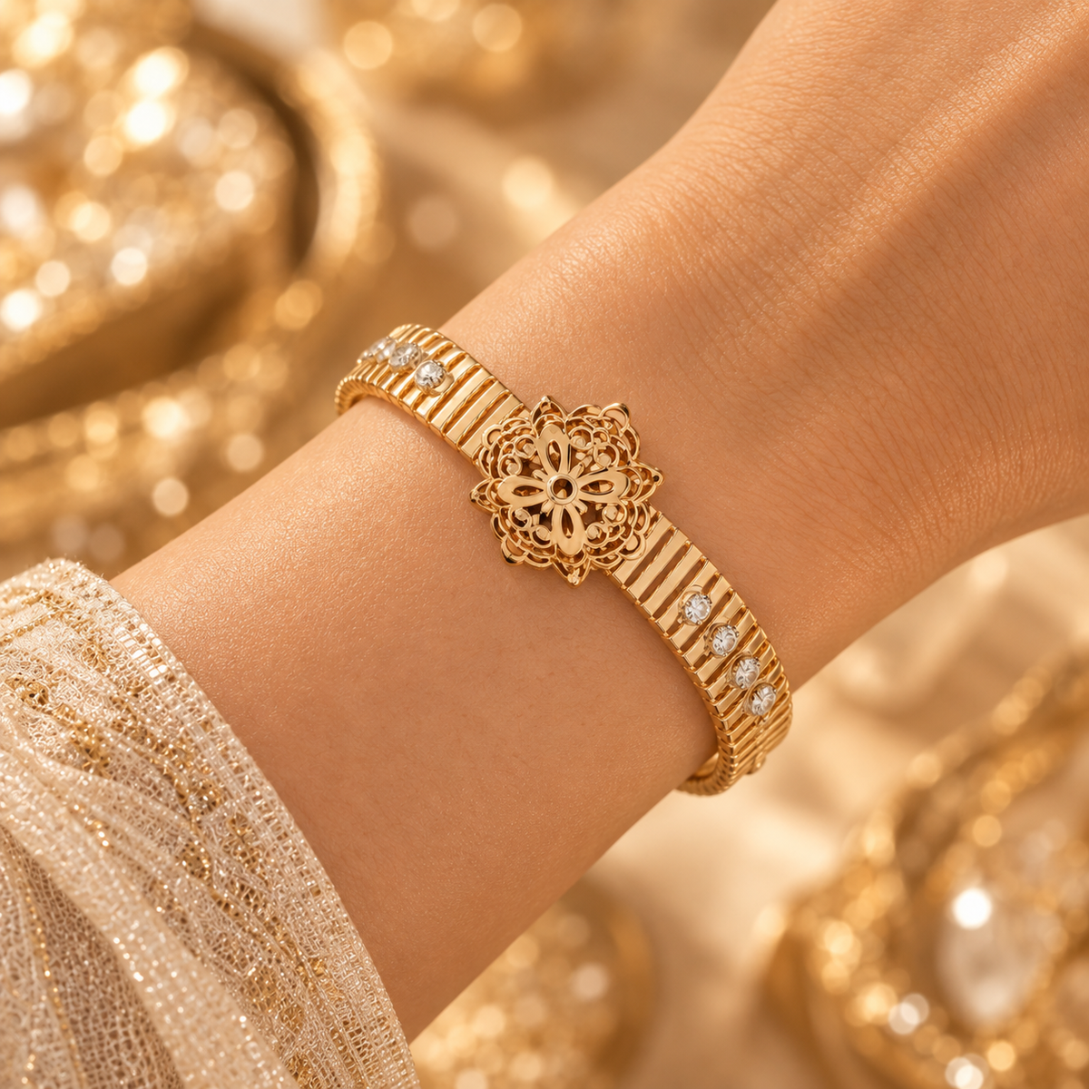 Rose Gold Floral Filigree Cuff Bracelet for Women