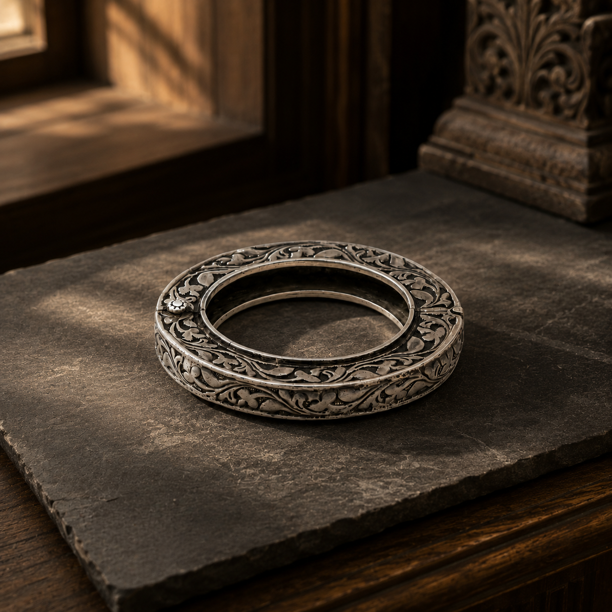 Floral Antique Oxidised 925 Silver Bangle Hallmarked Jewellery