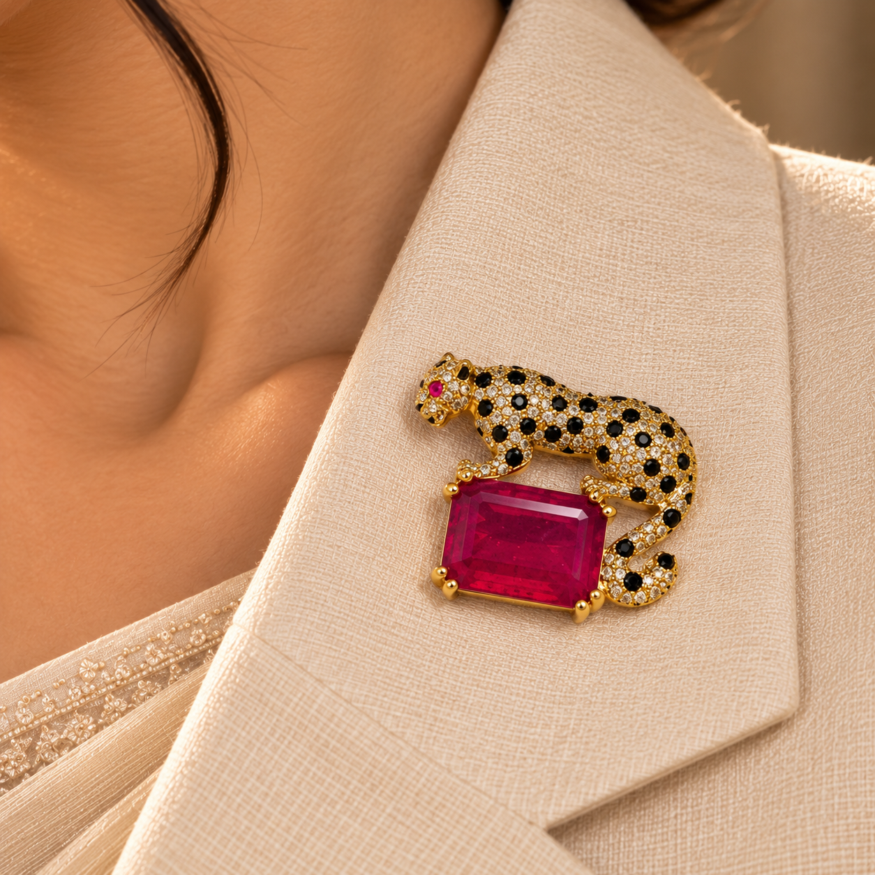 925 Sterling Silver Quartz Leopard Brooch | Red Gemstone Statement with Black Stone | Hallmerked