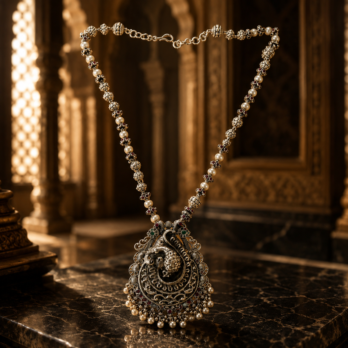 Peacock-Inspired 925 Sterling Silver Moissanite & Quartz Statement Pendant Necklace | Hallmerked