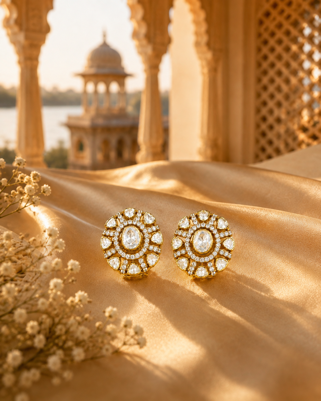 925 Sterling Silver Polki & Moissanite Elegant Statement Stud Earrings for Women