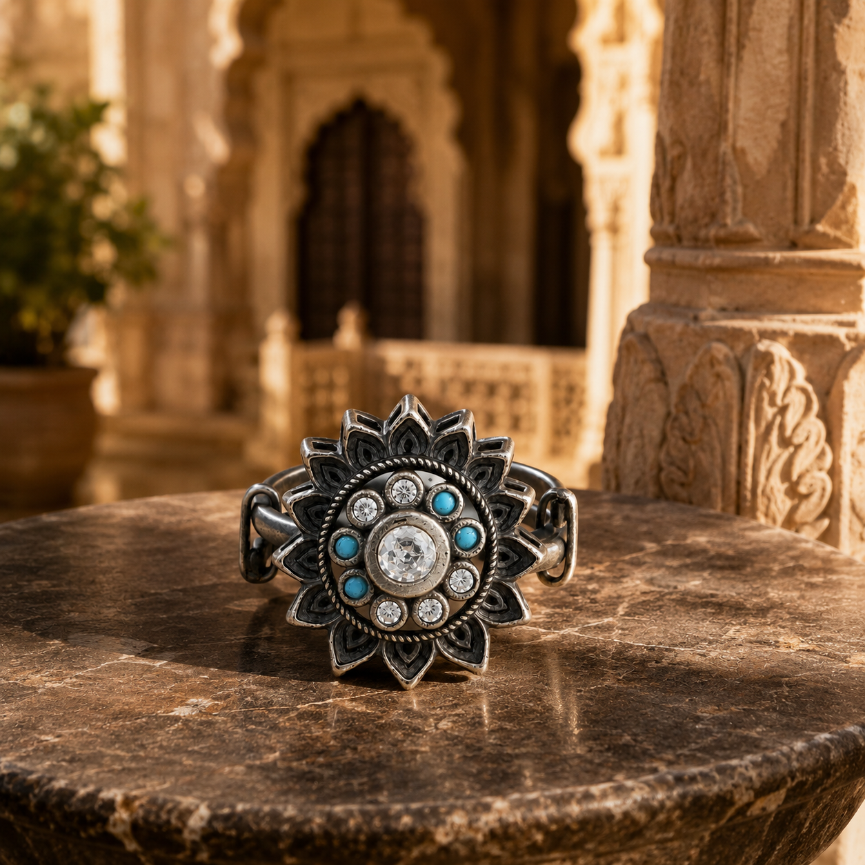 Floral Mandala Turquoise & Sparkling Stones Oxidized Vintage Cocktail Ring
