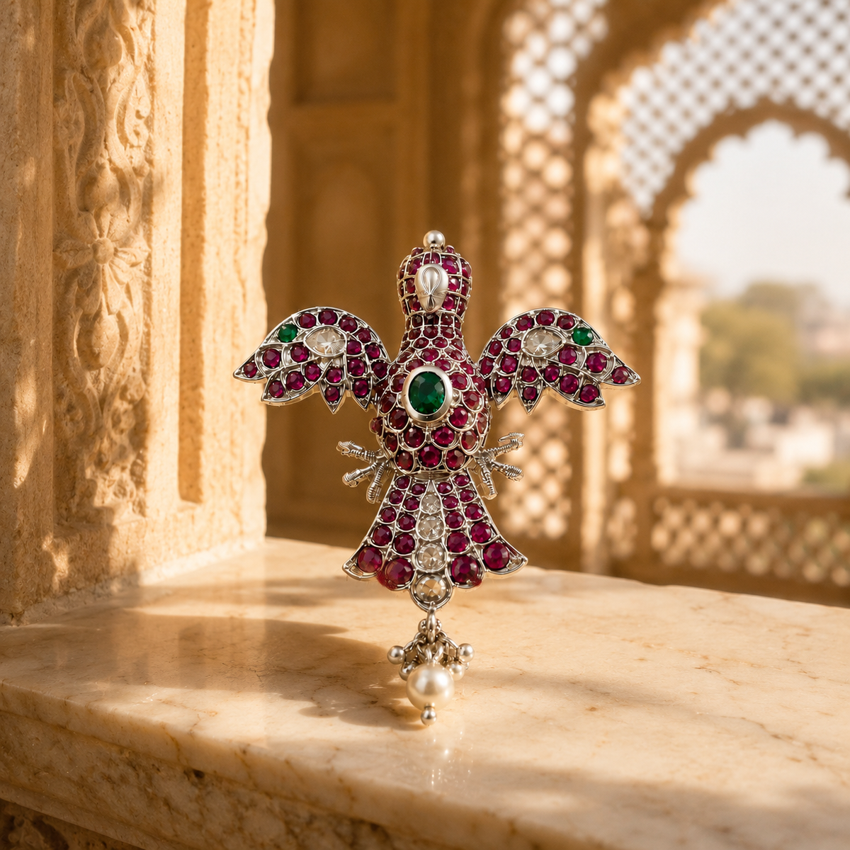 925 Sterling Silver Bird Motif Pendant with Red & Green Moissanite and Pearl Drop | Statement Ethnic Jewelry