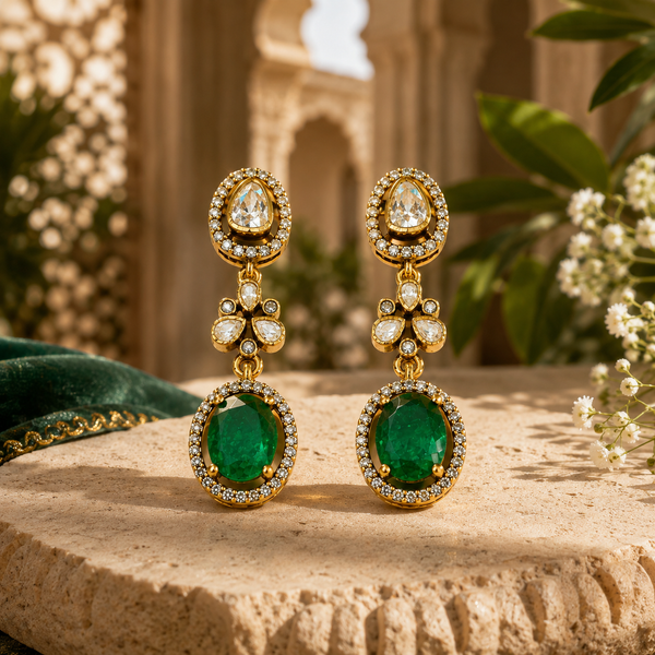 925 Sterling Silver Green Emerald & Polki Drop with Moissanite Gold Finish Statement Earrings