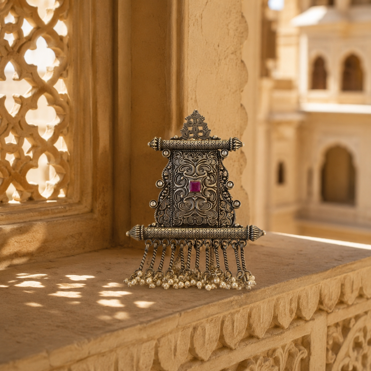 925 Sterling Silver Oxidized Statement Pendant with Red Square Stone & Pearl Dangles | Traditional Indian Jewelry