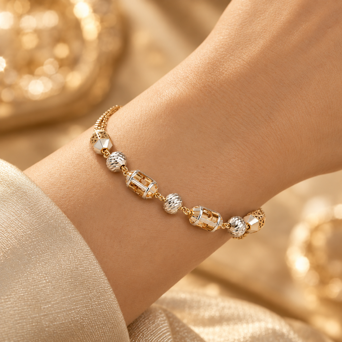 Rose Gold 925 Silver Barrel Beaded Double Chain Bracelet for Women