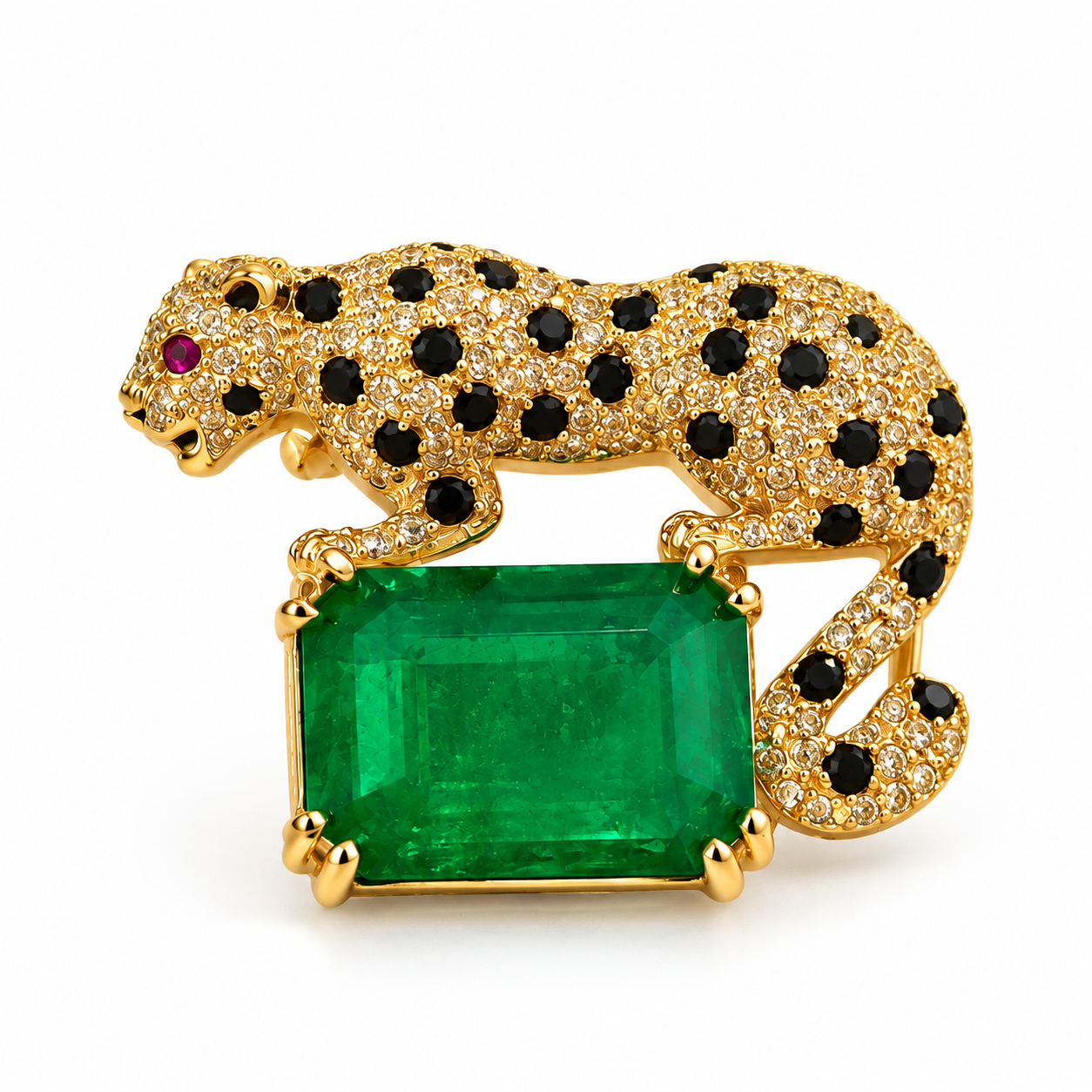Leopard 925 Sterling Silver Moissanite & Quartz  Brooch | Green Stone Statement Jewellery