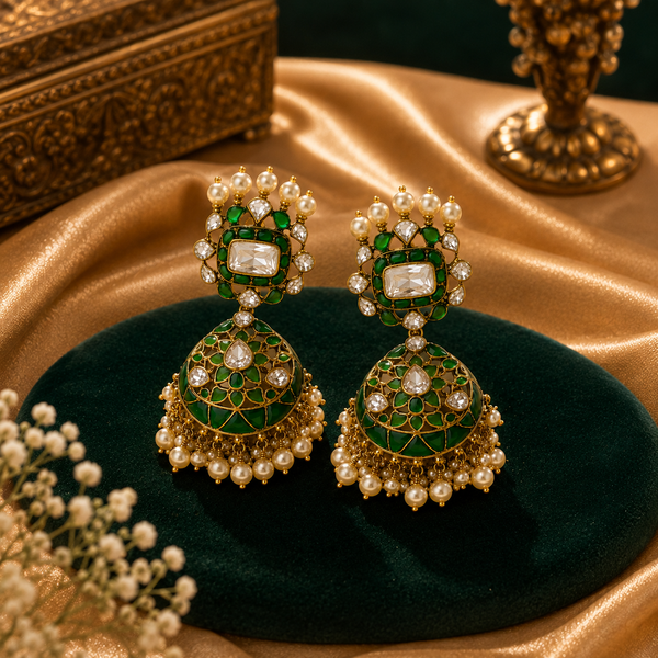 925 Sterling Silver Green Enamel, Polki & Moissanite Statement Jhumka Earrings