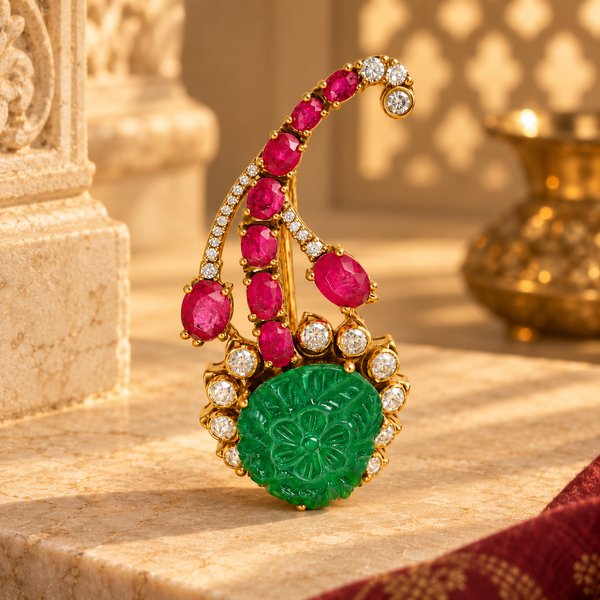 Floral 925 Sterling Silver Polki & Quartz Brooch | Green Carved Stone Statement | Hallmarked Jewellery