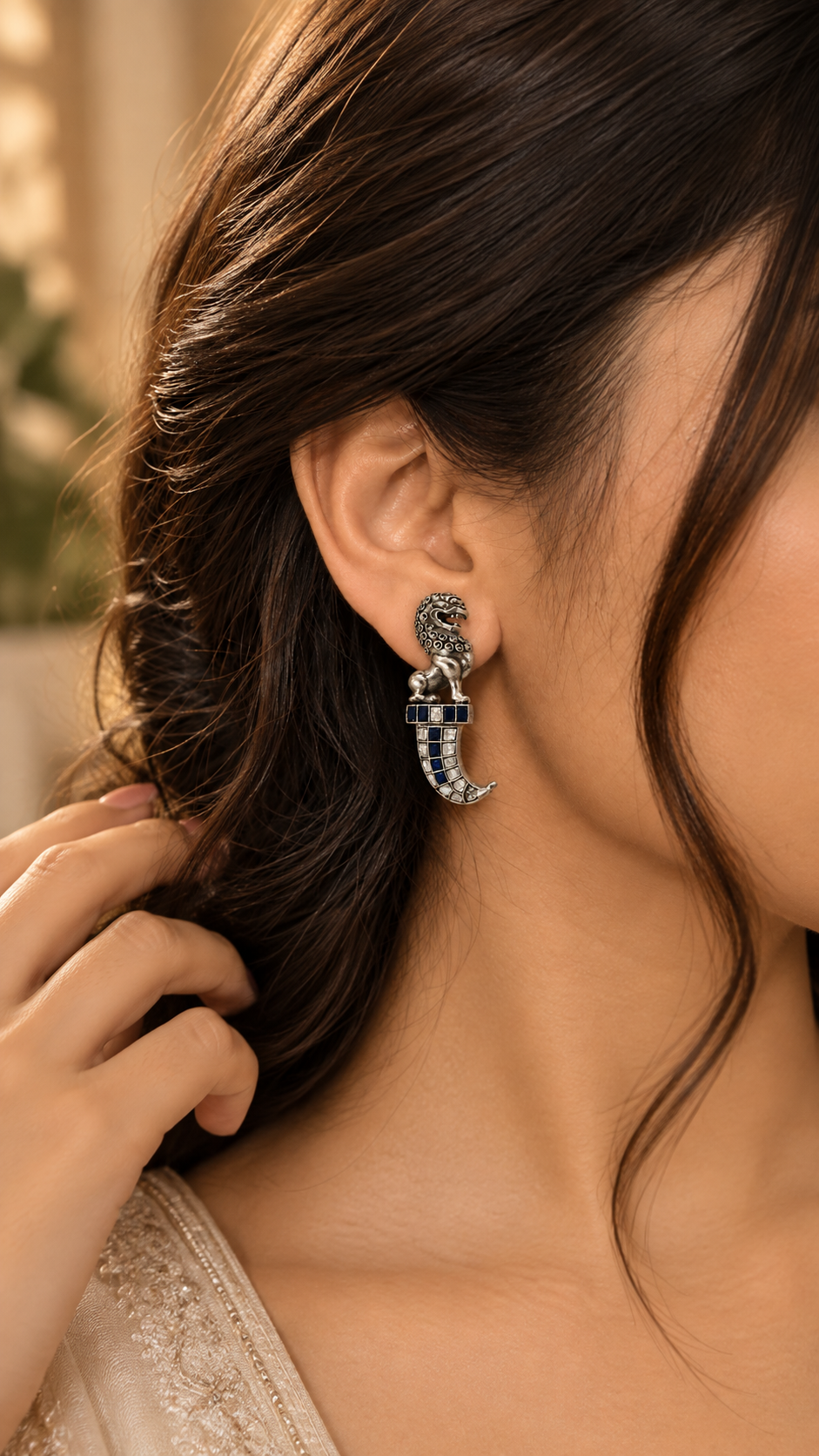 925 Sterling Silver Lion Hoop Earrings with Blue & White Moissanite and Polki | Statement Ethnic Jewelry