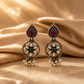 925 Sterling Silver Multicolor Drop Earrings with Red Pear & Green Round Stones, Polki Inspired Statement Jewelry
