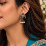 925 Silver Green Stone Pearl Jhumka Earrings