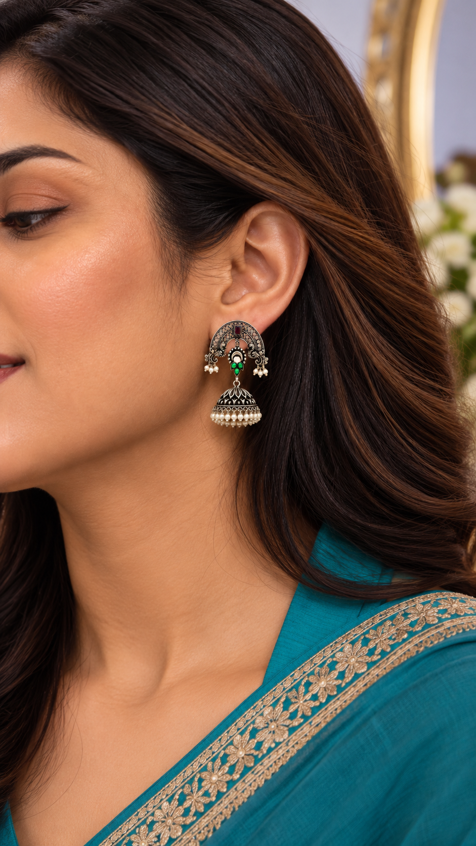 925 Silver Green Stone Pearl Jhumka Earrings